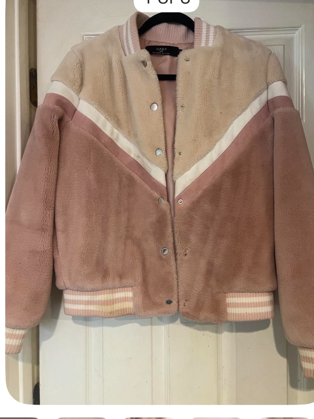 O.P.V.D Paris Women's Plush Bomber Varsity size small Jacket - Blush & Cream